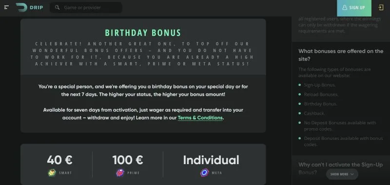 Drip Casino Games Menu