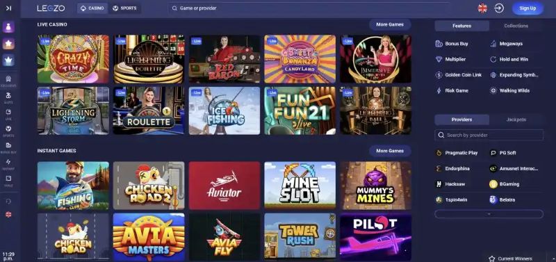 Legzo Casino Games Lobby and Pokies