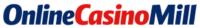 OnlineCasinoMill logo in bold tech font, blue and red on white background.