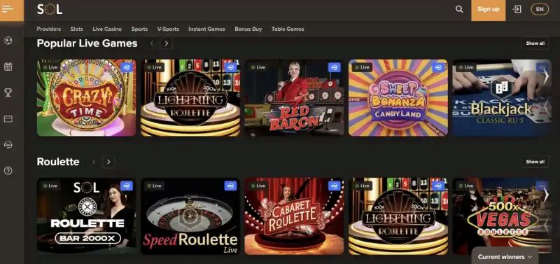 Sol Casino Games Lobby and Pokies